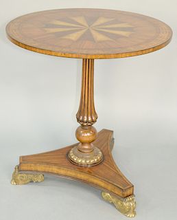 English Regency Style Small Walnut Inlaid Gueridon, parcel gilt, and parquetry inlaid, on bronze feet. height 29 inches, diameter 27 1/2 inches.