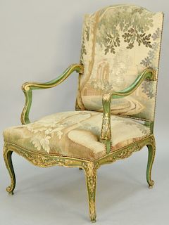 French Open Armchair, tapestry upholstered, parcel gilt and painted. height 42 1/2 inches.