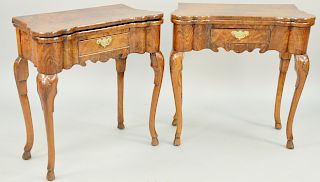 Pair of Dutch Walnut And Burl Walnut Game Tables, having fold over top with eared corners with felt lined interior having scooped corners and one draw