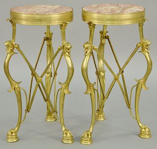 Pair of Gueridon D' Epoque Neoclassical Dore Bronze Tables, having mottled red marble tops on bronze base with lion heads mask, and ball and claw feet