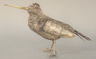 Attributed to Buccellati Sterling Silver Large Bird Figure, snipe with silver, textured wire fur and feathers, having gold wash beak. height 7 1/2 inc
