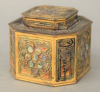 Tiffany Bronze Inkwell, "Abalone" pattern marked Tiffany Studios N.Y. 1157 height 3 1/2 inches, top: 3 5/8" x 3 5/8".