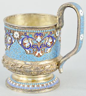 Russian Silver Enameled Cup, having blue ground with red, white, and blue floral decoration with makers mark of Ovchinnikov. total height 4 1/2 inches