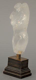 Small Rock Crystal Nude Torso, female nude, mounted on wood base, 20th century. height 8 1/4 inches.