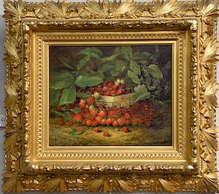 Charles Ethan Porter (1847 - 1923), strawberries in a basket, still life, oil on board, signed lower right C.E. Porter. 12" x 14 1/2". Provenance: Sol