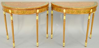 Pair of George III Style Paint Decorated and Parcel Gilt Mahogany Side Tables, each having demilune top over frieze painted with foliate scrolls raise
