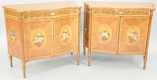 Pair of George III Style Paint Decorated Mahogany and Satinwood Side Cabinets, having shaped tops over conforming cabinets on turned legs with all ove