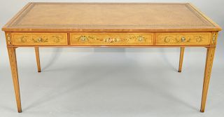 George III Paint Decorated Mahogany and Satinwood Writing Table, having rectangular top with tooled leather insert above frieze drawers, raised on tap