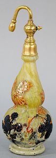 Daum Nancy Cameo Glass Perfume, "Fall" decorated with autumn leaves in multiple colors and black berries, marked Daum Nancy on side. height 8 3/4 inch