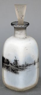 Daum Nancy, Clair De Lune Perfume Bottle, cased opal art glass with black enameled landscape having windmill and sail boats on textured surface, frost