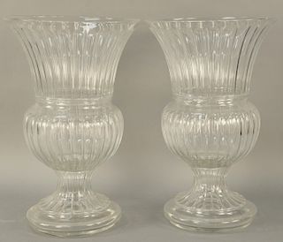 Pair of Monumental Baccarat Style Crystal Urns, 20th century with fluted sides. height 28 1/2 inches, diameter of top: 17 3/4 inches.