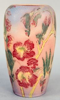 Louise Abel Rookwood Vase, 1922 mat glazed, pink ground with blossoming flowers, bottom marked with rookwood logo, XXII, 1126C stamped with Abelis mon