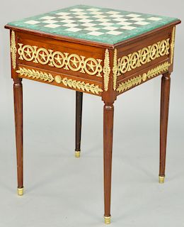 French Empire Ormolu Mounted Mahogany Games Table, slate top with malachite veneered game board, ormolu mounts profuse on skirt. height 28 inches, wid