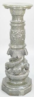 Green Granite Pedestal having carved fish (chips to top and base). height 43 inches, diameter 14 inches. Provenance: Slocomb Brown Villa Newport Rhode