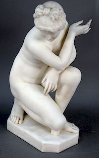 Pietro Barzanti (1842 - 1881), carved Italian white marble figure of a classical nude woman kneeling, signed P Bazzanti Florence (three fingers repair