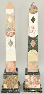 Pair of Monumental Specimen Marble Obelisks, on molded plinth base. height 52 inches, width 11 inches, depth 11 inches.