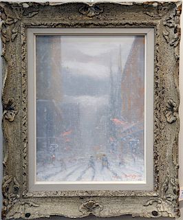 Johann Berthelsen (1883 - 1972), "5th Avenue New York NY, St. Patricks" snow street scene, oil on canvas, signed lower right Johann Berthelsen, titled