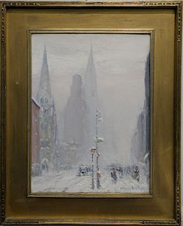 Johann Berthelsen (1883 - 1972), Snowy New York Streets, oil on board, signed lower right Johann Berthelsen. 16" x 12".