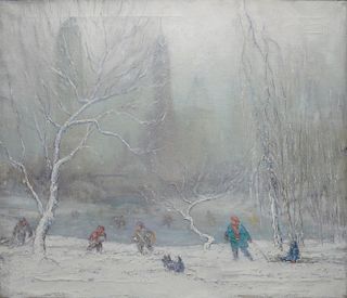 Johann Berthelsen (1883 - 1972), "Central Park" sledding in winter, oil on canvas, signed lower right Johann Berthelsen. 25" x 30".