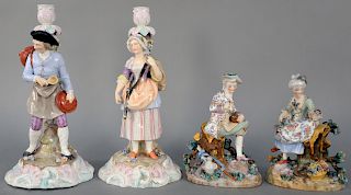 Two Pairs of Meissen Style Porcelain Figure, sitting on a cut tree picking flowers with a basket along with a pair of figural candlesticks having stan