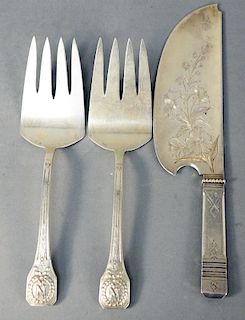 Three Piece Lot, Gorham serving knife and two serving forks each with N in wreath and continental hallmarks. fork length 8 3/4 inches, knife length 10