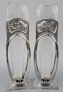 Pair of Large WMF Art Nouveau Vases, having silver plated stands with etched crystal inserts, (chips on glass), marked Ostrich WMF I/O B. height 16 in