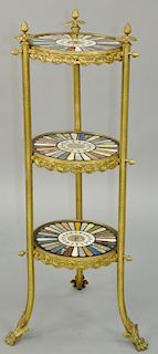 Neoclassical Bronze and Specimen Marble Adjustable Three Tier Circular Stand, 19th century, each tier centering a micromosaic classical ruin surrounde