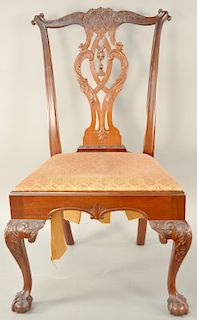 Custom Chippendale Style Mahogany Side Chair, New York tassel back style having carved back, slip seat set on carved cabriole legs ending in ball and 