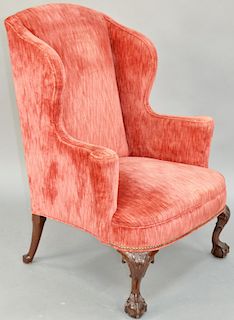 Margolis Custom Mahogany Upholstered Wing Chair, on shell carved knees and ball and claw feet. height 46 inches, width 35 1/2 inches. Provenance: Esta