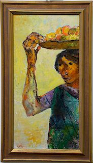 Eduardo Kingman (1913 - 1994), figure holding fruit bowl, oil on board, signed lower left E.Kingman. 21 1/2" x 11".