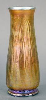 Nash Art Glass Vase, gold iridescent, having molded slender trees surround the body, purple pink iridescent, marked Nash 535. height 7 1/2 inches.