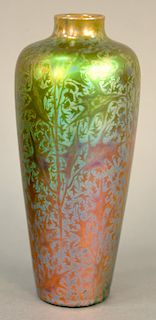 Clement Massier Vase, iridescent glazed, decorated leaves, marked C M Golfe-Juan AM. height 8 3/4 inches.