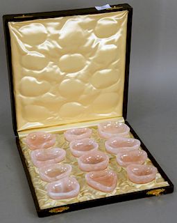 Set of Twelve Rose Quartz Salts or Nut Dishes, in original box, retailed by Black Starr and Frost and Gorham. 2 1/4" x 3" to 2 3/4" x 3 1/2".