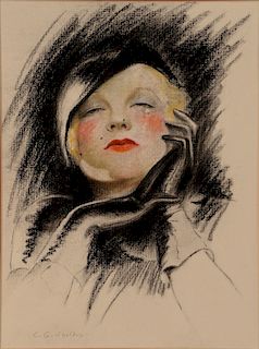 Charles Sheldon (1889 - 1960), illustration glamour portrait of girls with black gloves, pastel and charcoal on paper, signed C.G. Sheldon. sight size