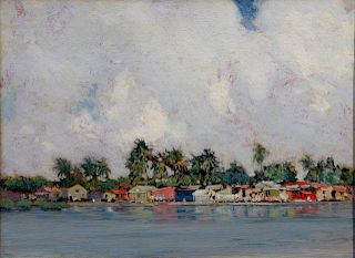 Hermann Dudley Murphy (1867 - 1945), "Shanty town" Puerto Rico, oil on board, signed and titled on back in a Carrig-Rohane Boston frame. 12" x 16".