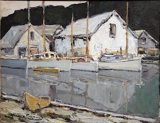 Walter Farndon (1876 - 1964), New England Harbor, oil on canvas, signed lower left Walter Farndon 1876 - 1964, old Parke Bernet Gallery label on back.