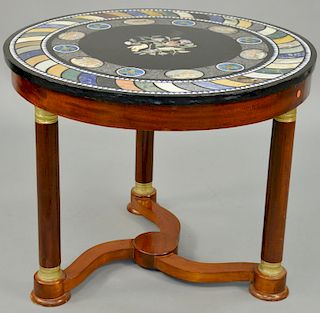 Empire Style Ormolu Mounted Mahogany and Specimen Marble Top Center Table, late 19th century, circular top centering birds surrounded by six medallion
