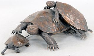 Japanese Bronze Turtle Group, Meiji period, high quality cast bronze of three entwined turtles climbing on one another, signed on bottom. length 10 1/