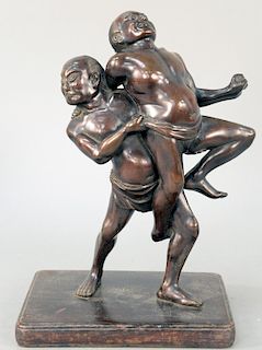 Japanese Bronze Figural Group, two sumo wrestlers fighting on rectangle wood plinth, Meiji period, 1868 - 1912. total height 12 1/2 inches