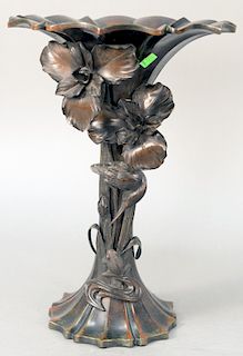 Large Bronze Tulip Form Vase, having high relief flower with a bird, and a frog climbing the stalks, signed illegibly on bottom, possibly Japanese. he