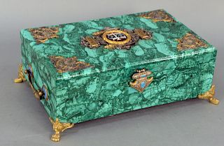 Large Ormolu Mounted Malachite Box, hinged covered with bronze and metal mounts, center with enameled lettered cartouche, marked 1881 and 1906 all set