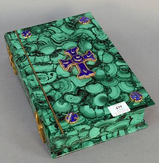 Malachite Book Form Box, mounted with large lapis and blue enameled cross center having small lapis crosses in each corner. top: 9" x 12 1/2", height 