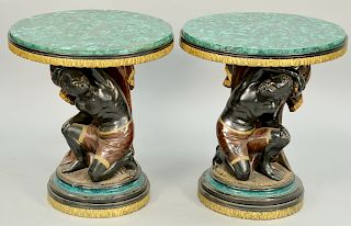 Pair of Carved Blackamoor Side Tables having round malachite tops over crouching parcel gilt and painted Blackamoor figure support. height 26 inches, 