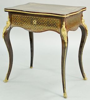 Louis XV Style Mahogany Vanity, ormolu mounted and brass inlaid with star and cross inlays lift top and one drawer. height 28 3/4 inches, width 25 inc