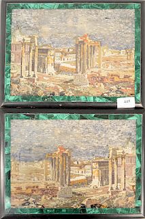 Pair of Micromosaic plaques, Roman Ruins, within malachite border set in black slate backing. 10" x 13".