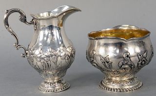 English Silver Creamer and Sugar, with repousse body on round base. 22.8 troy ounces. creamer height 6 1/4 inches, sugar height 4 1/4 inches, diameter