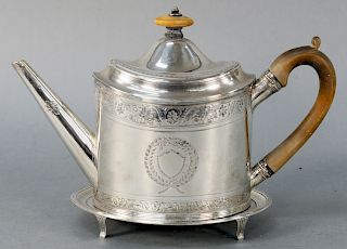 Peter and Ann Bateman Silver Teapot and Stand, decorated with floral borders and monogrammed M. height 7 inches, length 11 inches, 19.1 troy ounces. P