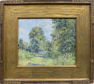 Joseph Eliot Enneking (1881 - 1942), "Spring Landscape", oil on artist board, signed lower right Eliot Enneking. 8 1/2" x 10 1/4".