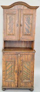 Continental Cabinet in Two Parts, upper section with two doors opening to reveal three drawers set on lower section having two doors with two fitted d