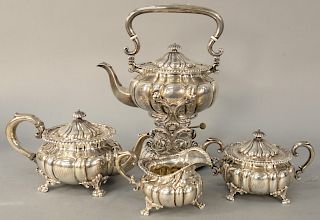 Howard and Company Four Piece Sterling Silver Tea Set, to include tilting pot, coffee pot, sugar and creamer. tilting pot height 12 1/2 inches, 124.2 
